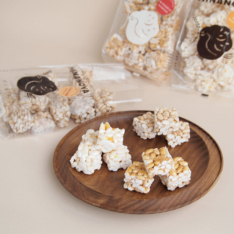 「ひなのやのポン菓子」昔ながらのポン菓子に新しい美味しさを。キャラメルナッツ・伊予柑・玄米きび砂糖・黒蜜きなこなど