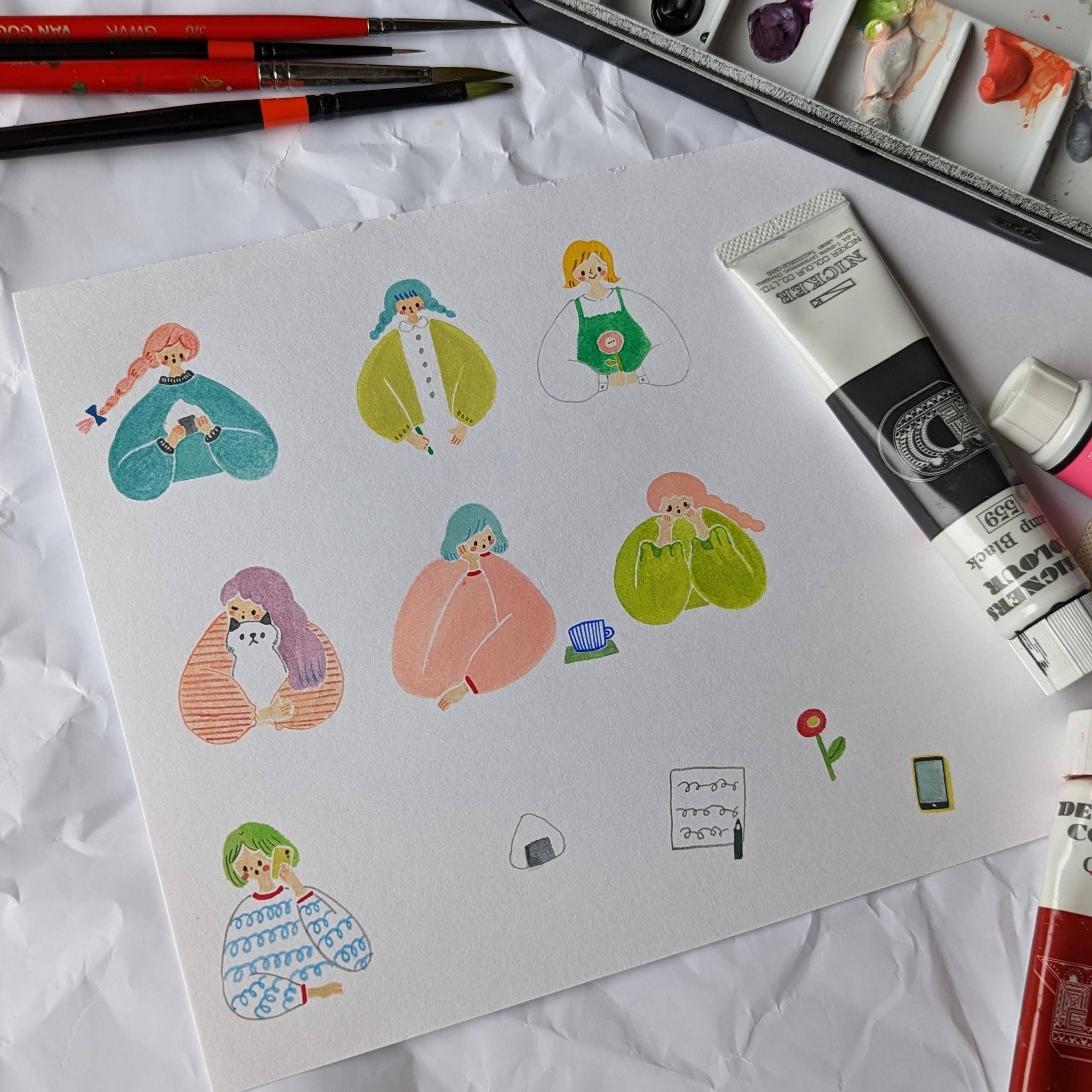 パステルカラーの女の子、こちらのイラストでいろんな紙ものを作成予定です